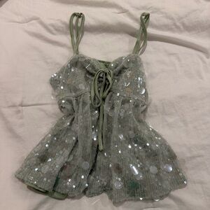 Fairycore Sage Green Sequin Babydoll Cami Top, Y2K Shimmer Lace Layered Tank
